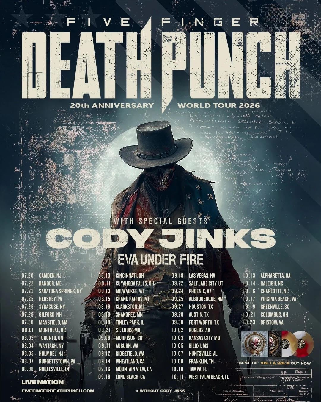 Five Finger Death Punch world tour poster with Cody Jinks and Eva Under Fire