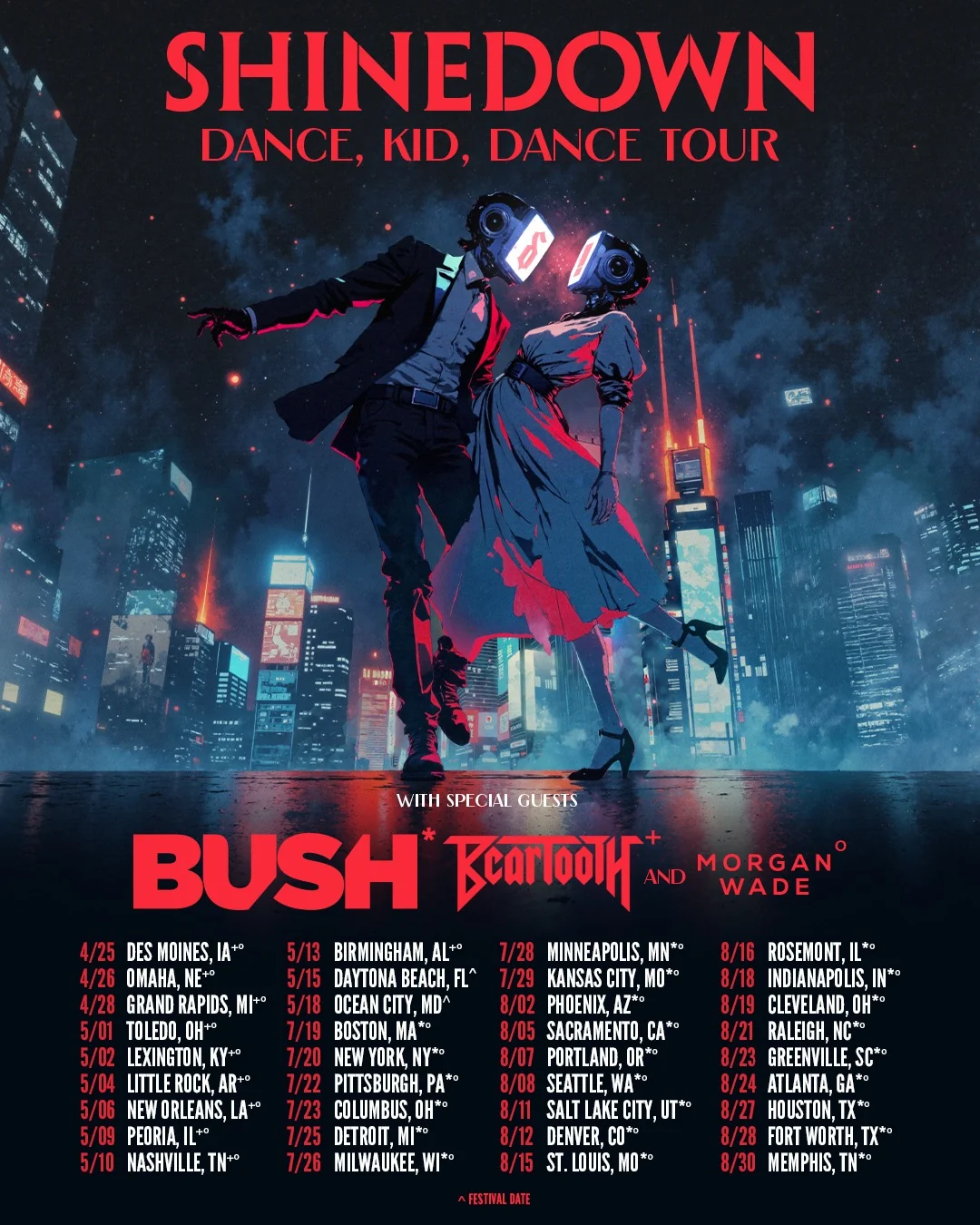 Shinedown Dance, Kid, Dance Tour poster with Bush, Beartooth, and Morgan Wade