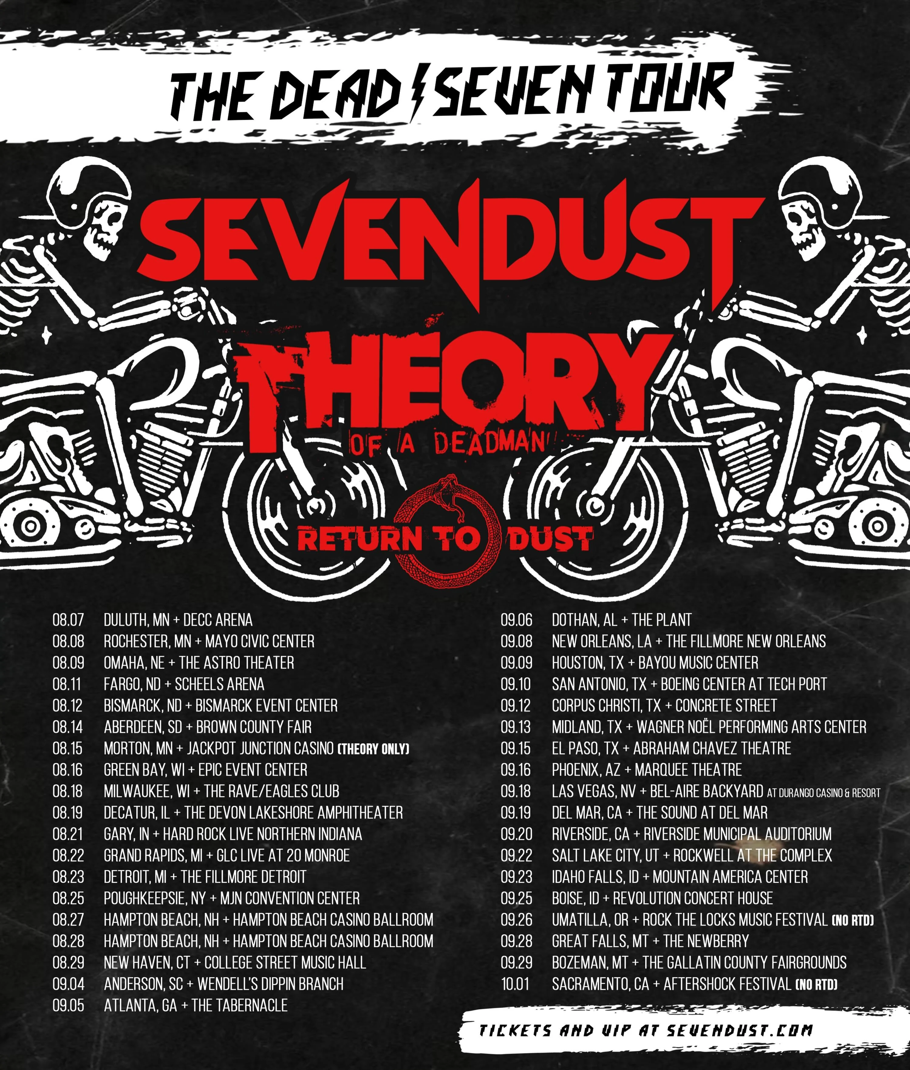 The Dead Seven Tour poster featuring Sevendust, Theory of a Deadman, and Return to Dust